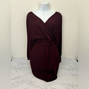 Fashion Nova Long Sleeve Belted Bodycon Dress Womens S Textured Maroon N1